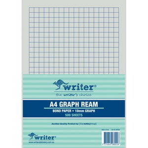 Writer A4 Graph Ream wrapper reading Bond Paper, 10mm Graph and 500 Sheets, with the barcode and item number NP8022 on the lower band