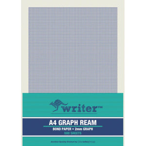 Writer A4 Graph Ream wrapper printed Bond Paper, 2mm Graph and 500 Sheets, with a fine 2mm grid sheet showing above the teal band