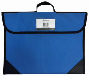 Writer library bag in blue with a black carry handle, black edge binding and corner panels, and a Writer barcode label in the clear window on the flap