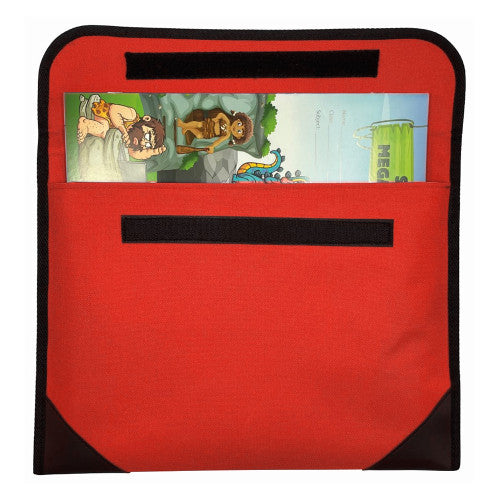 Writer library bag red NP8753 showing black reinforced corners detail and Velcro closure on the bag flap