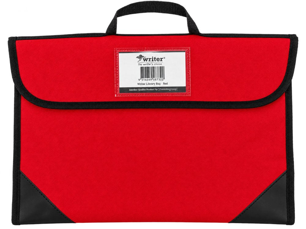 Writer library bag in red with a black carry handle, black binding and corner panels, and a Writer label behind the clear window on the flap