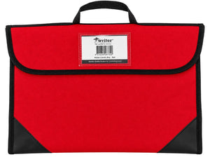 Writer library bag in red with a black carry handle, black binding and corner panels, and a Writer label behind the clear window on the flap