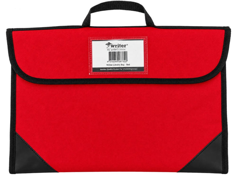 Writer library bag in red with a black carry handle, black binding and corner panels, and a Writer label behind the clear window on the flap