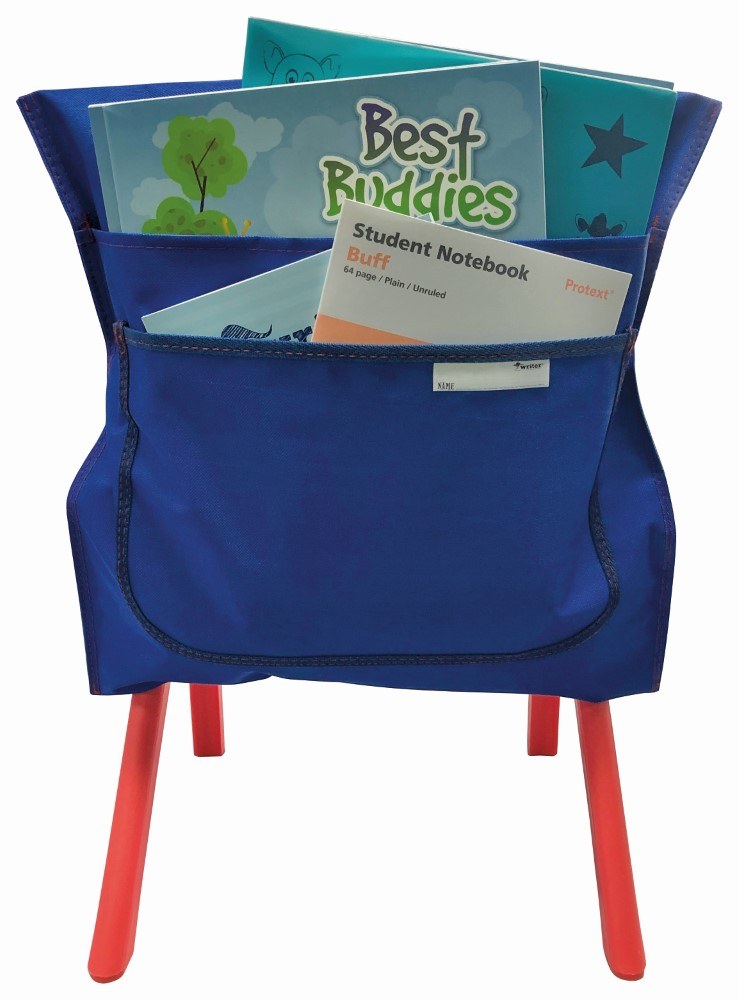 Blue Writer chair bag seen straight from behind on a red chair, books in the rear sleeve and a front pocket edged in black trim with a white name label
