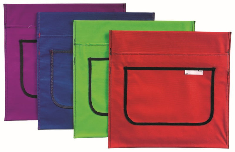Four flat Writer nylon chair bags overlapping in purple, blue, green and red, each with a front pocket edged in black trim