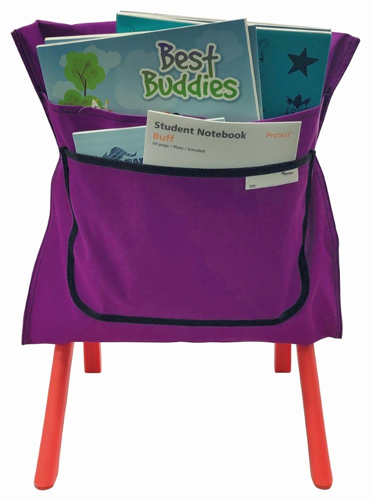 Purple Writer chair bag from directly behind, the black trimmed front pocket carrying a white label printed NAME, books in the sleeve behind