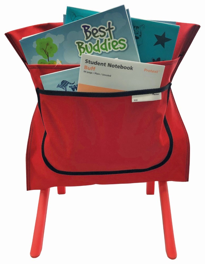 Red Writer nylon chair bag photographed square on from behind, showing the full width rear sleeve and the black edged front pocket with name label