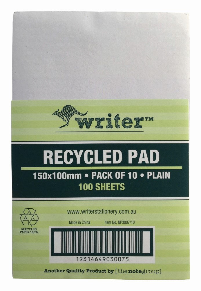 Writer 150 x 100mm plain pad under a green striped band printed Pack of 10, Plain, 100 Sheets with a barcode panel