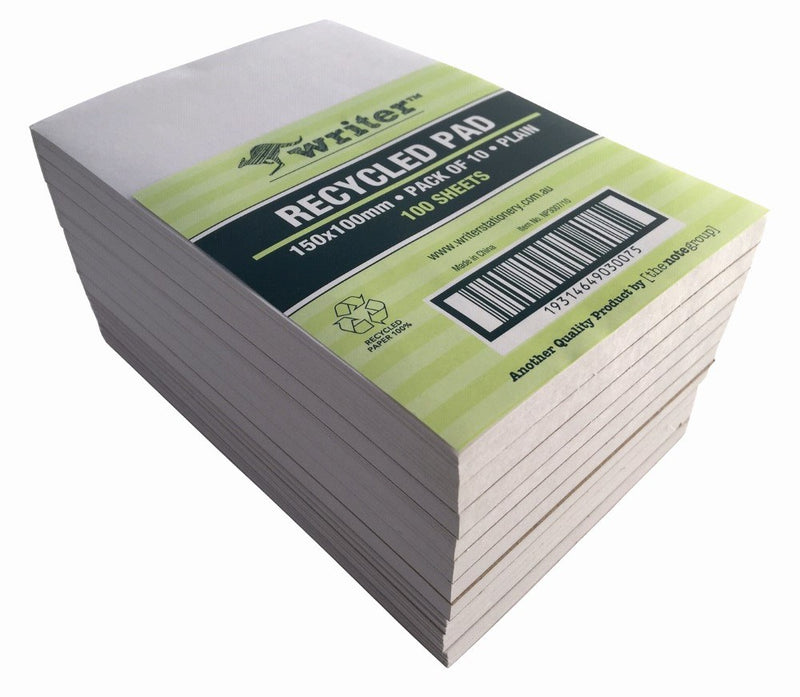 Tall stack of banded Writer 150 x 100mm plain pads photographed on an angle, the band showing 100 Sheets