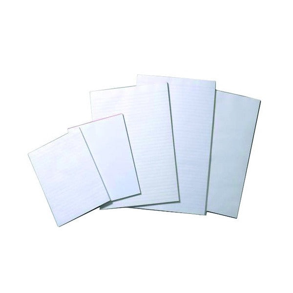 Five white pads of different sizes fanned out on a white background, an older range photo