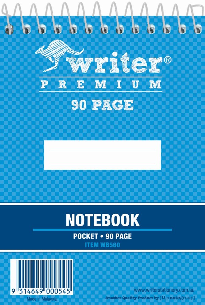 Writer Premium pocket notebook with a blue checked cover and wire spiral across the top, labelled notebook pocket 90 page item WB560 with barcode