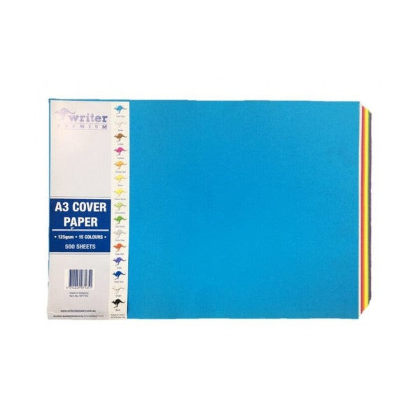 Smaller photo of the wrapped Writer Premium A3 cover paper ream with a lake blue top sheet and the colour key down the wrapper