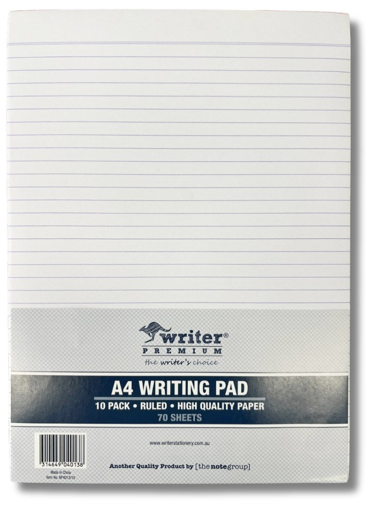 Writer Premium A4 writing pad with a navy band reading A4 Writing Pad, 10 Pack, Ruled, High Quality Paper, 70 Sheets