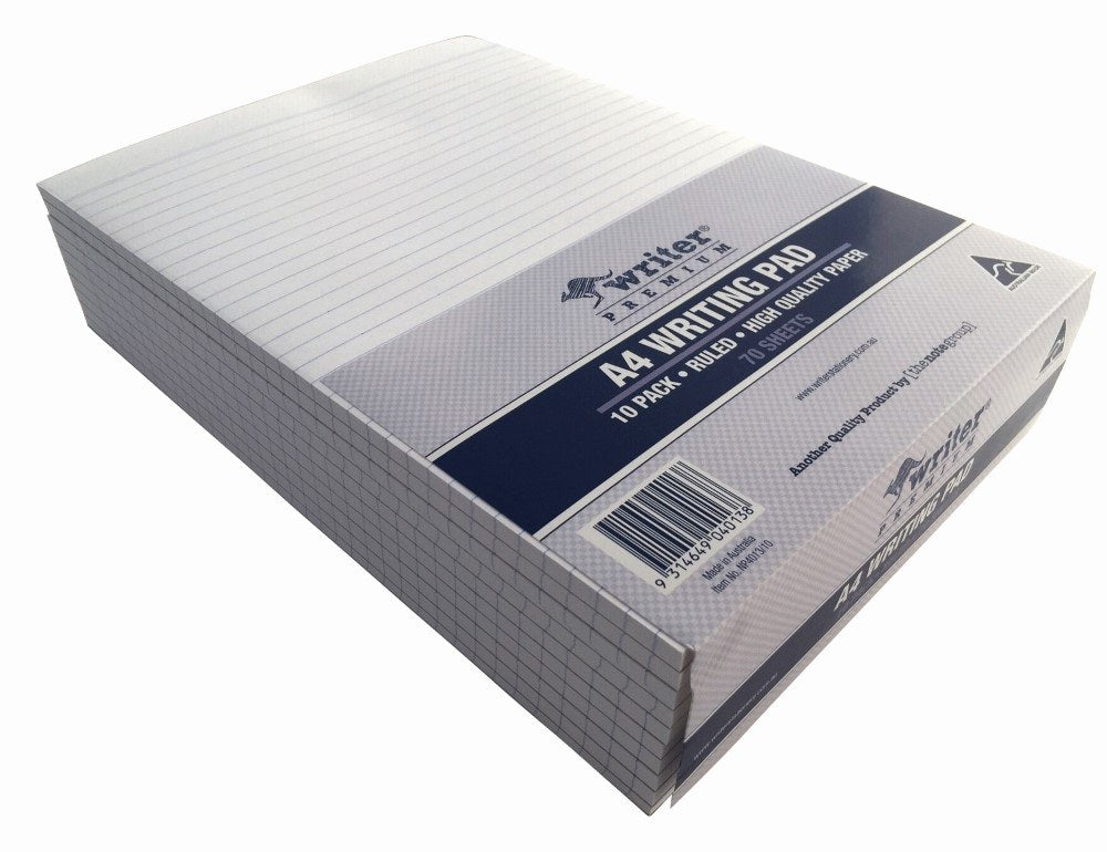 Stack of wrapped Writer Premium A4 ruled pads on an angle, showing the grey chequered wrapper and navy band across the set