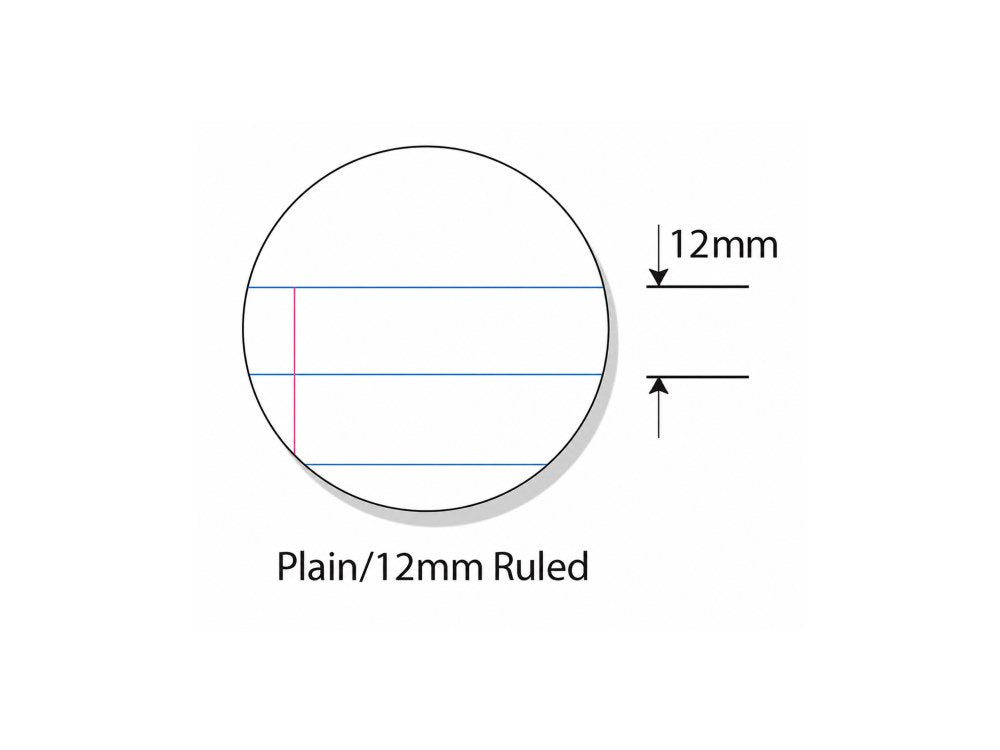 Ruling drawing for Writer Premium EB6527: a circle with a pink margin line and two blue lines 12mm apart, captioned Plain/12mm Ruled