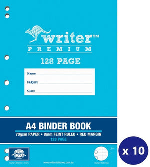 Sky blue Writer Premium A4 binder book cover showing 128 page, 70gsm paper, 8mm feint ruled, red margin, left edge holes, a drums badge and an x 10 badge