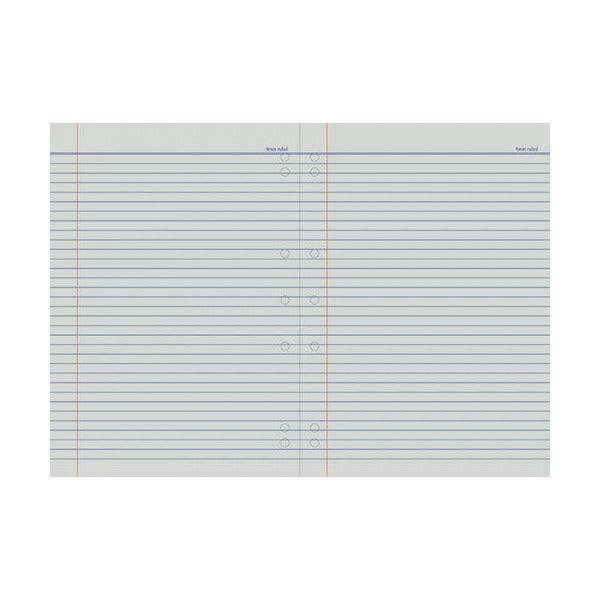 Open spread of the Writer Premium 96 page binder book with 8mm blue ruling, a red margin each side and punched holes beside the centre