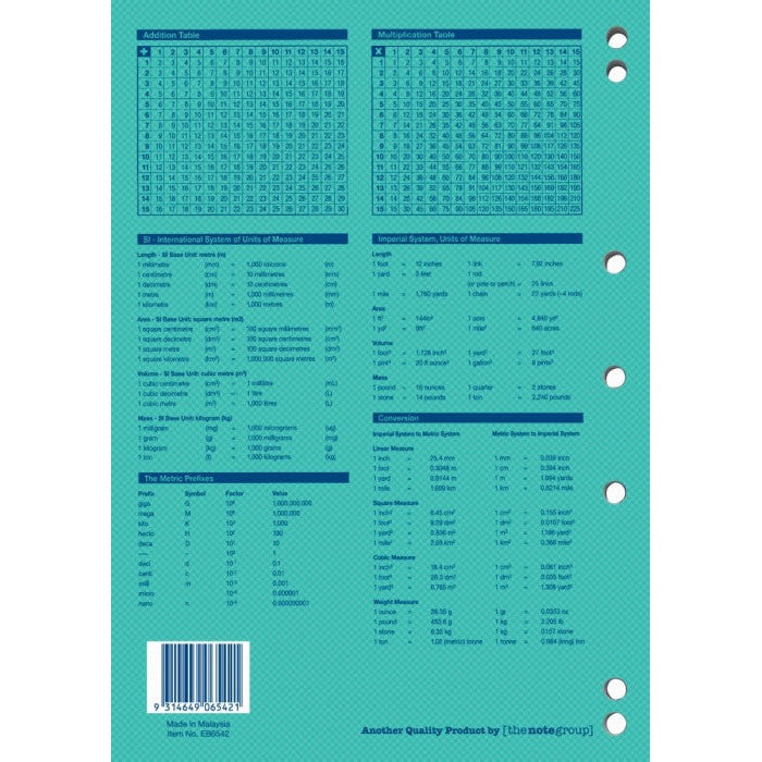 Teal back cover of Writer Premium EB6542 printed with times tables, conversion charts, punched holes, barcode and Made in Malaysia