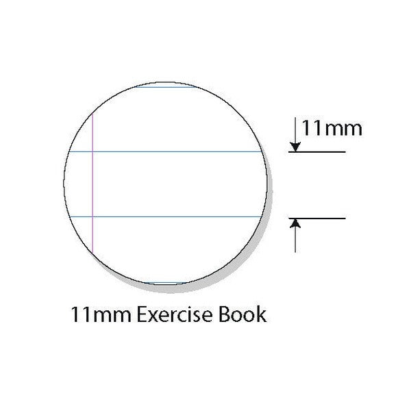 Circle close-up drawing of 11mm solid ruling with an arrow measuring the 11mm gap and a pink margin line, captioned 11mm Exercise Book