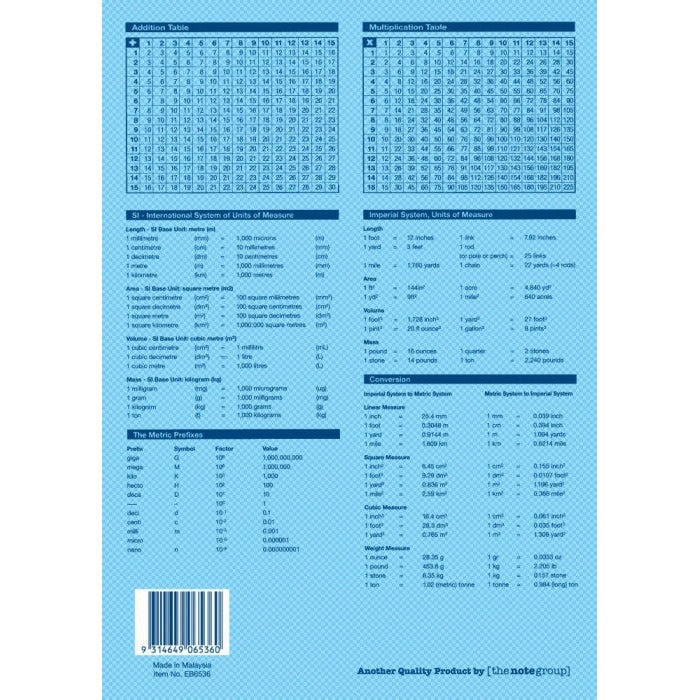 Light blue back cover of Writer Premium EB6536 printed with addition and multiplication tables, units of measure, conversions, the barcode and Made in Malaysia