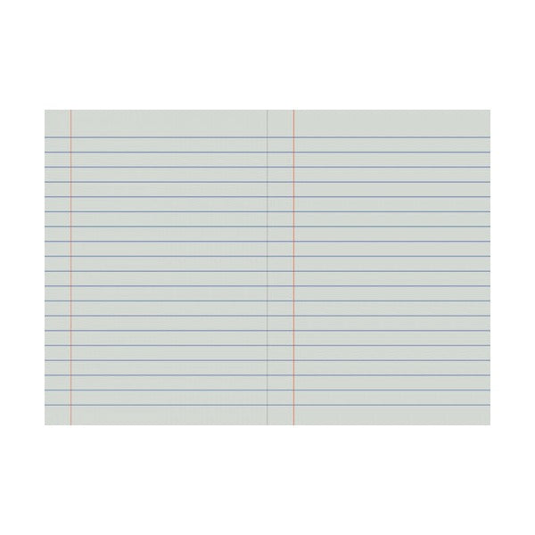 Flat artwork of an open Writer Premium 14mm solid ruled book with widely spaced single blue lines and a red margin line on both pages