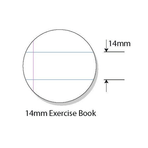 Magnified circle drawing of 14mm solid ruling with an arrow marking the 14mm space and a pink margin, captioned 14mm Exercise Book