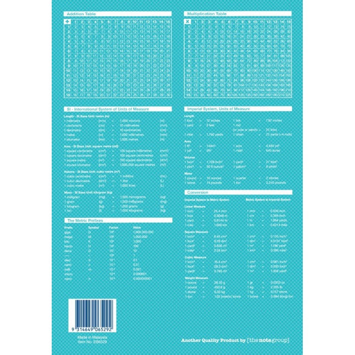 Turquoise back cover of Writer Premium EB6529 with addition and multiplication grids, SI and imperial units, conversions, barcode and Made in Malaysia