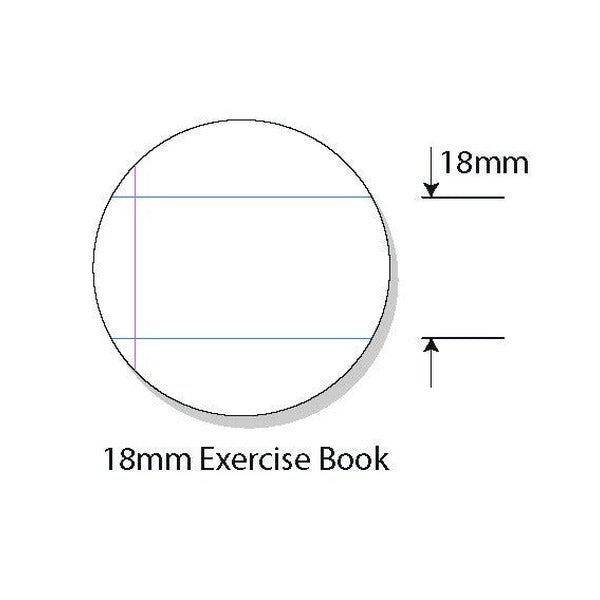 Close-up circle drawing of 18mm solid ruling with a pink margin line and an arrow showing the 18mm gap, captioned 18mm Exercise Book