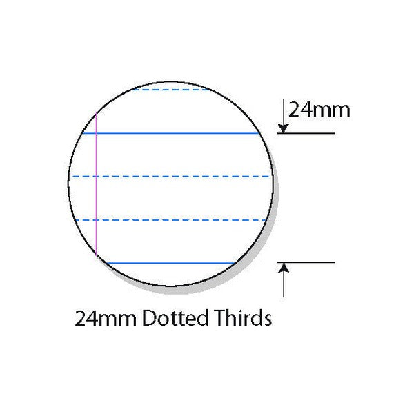Circle close-up drawing of 24mm dotted thirds ruling, dashed guide lines between two solid lines and an arrow marking 24mm, captioned 24mm Dotted Thirds