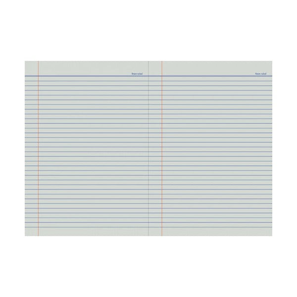 Flat artwork of an open Writer Premium 48 page exercise book with blue 8mm rules across both pages and a red margin line down the left of each page