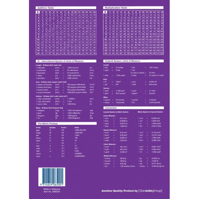 Purple back cover of Writer Premium EB6500 with addition and multiplication tables, SI and imperial measurement tables, conversions, the barcode and Made in Malaysia