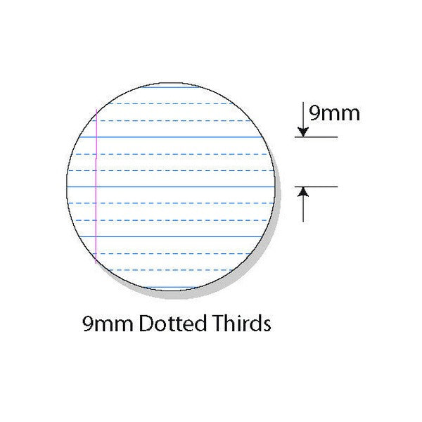 Circle drawing of the 9mm dotted thirds ruling used in EB6508, with an arrow marking 9mm and a pink margin line, captioned 9mm Dotted Thirds