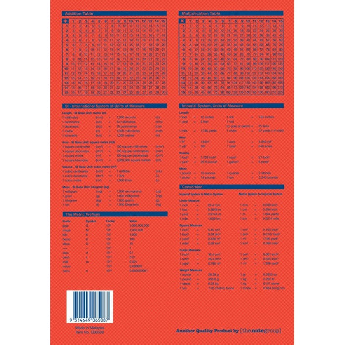 Orange back cover of Writer Premium EB6508 with addition and multiplication tables, SI and imperial units, conversions, the barcode and Made in Malaysia
