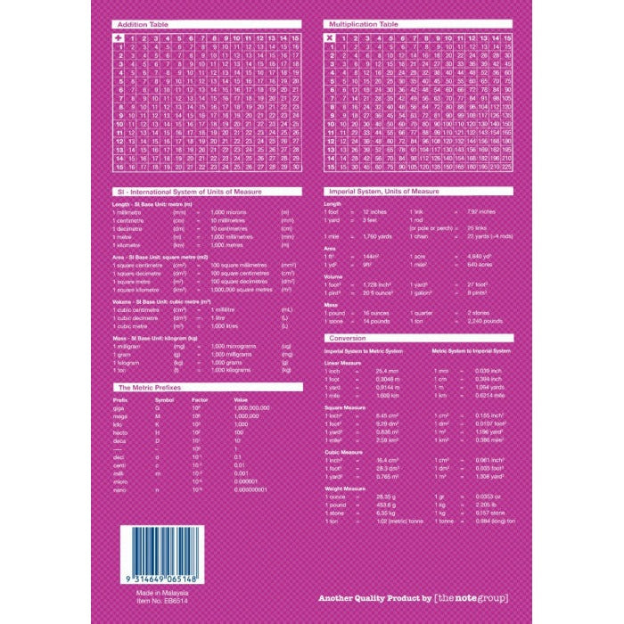 Magenta back cover of Writer Premium EB6514 printed with sums and times table grids, unit conversions, a barcode and Made in Malaysia