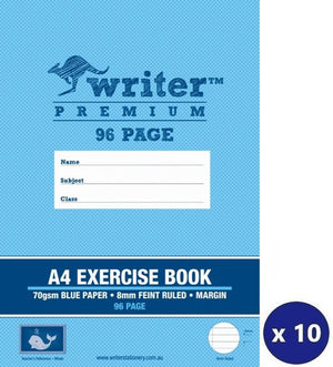 Light blue front cover of Writer Premium EB6559 A4 exercise book, 96 page, reading 70gsm Blue Paper, 8mm Feint Ruled, Margin, with a whale badge and an x 10 badge