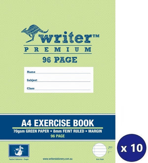 Pale green front cover of the Writer Premium EB6557 96 page A4 exercise book reading 70gsm Green Paper, 8mm Feint Ruled, Margin, with a dragon badge and x 10 badge