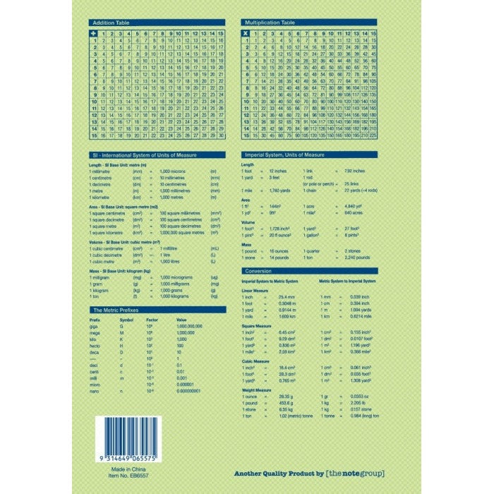 Pale green back cover of Writer Premium EB6557 with maths grids, metric and imperial unit tables, barcode and Made in China