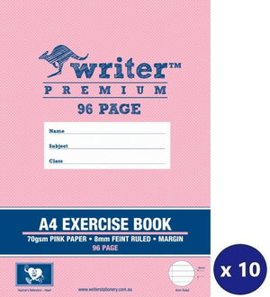 Pink front cover of the Writer Premium 96 page A4 exercise book reading 70gsm Pink Paper, 8mm Feint Ruled, Margin, with a heart badge and an x 10 pack badge