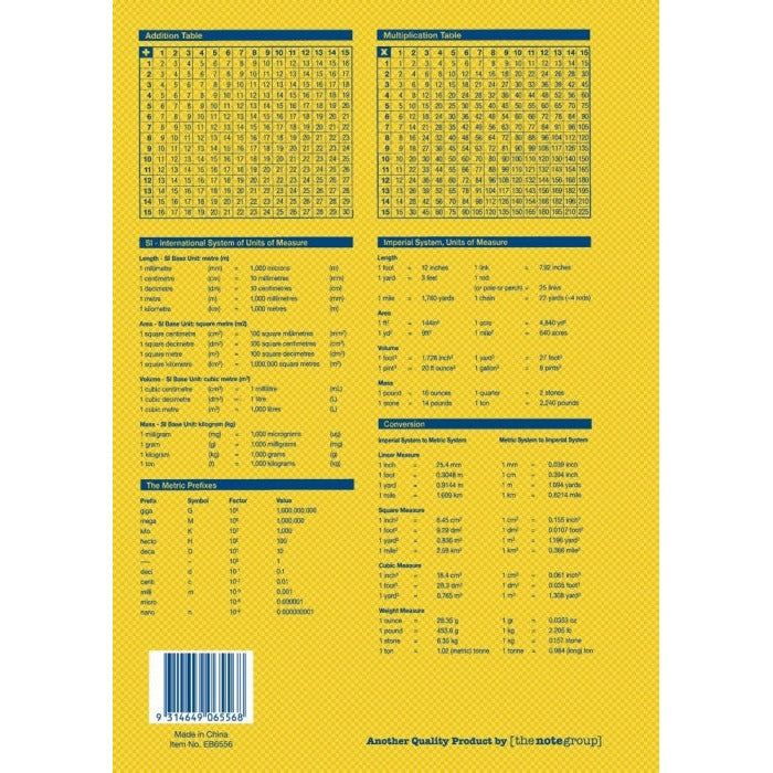 Yellow back cover of the Writer Premium EB6556 book with number tables, measurement conversions, barcode and Made in China