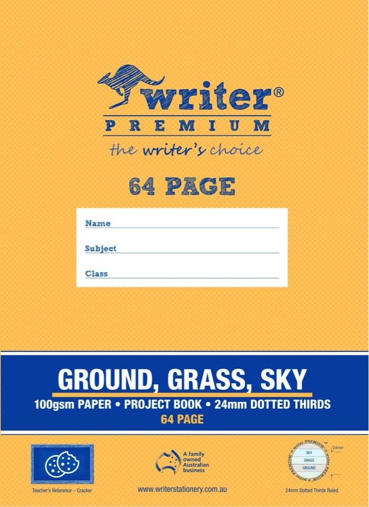 Current orange Writer Premium Ground, Grass, Sky project book cover reading 100gsm paper, 24mm dotted thirds, 64 page, with a cracker reference badge and a sky grass ground ruling badge
