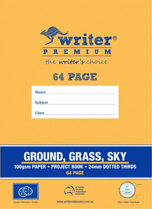 Current orange Writer Premium Ground, Grass, Sky project book cover reading 100gsm paper, 24mm dotted thirds, 64 page, with a cracker reference badge and a sky grass ground ruling badge