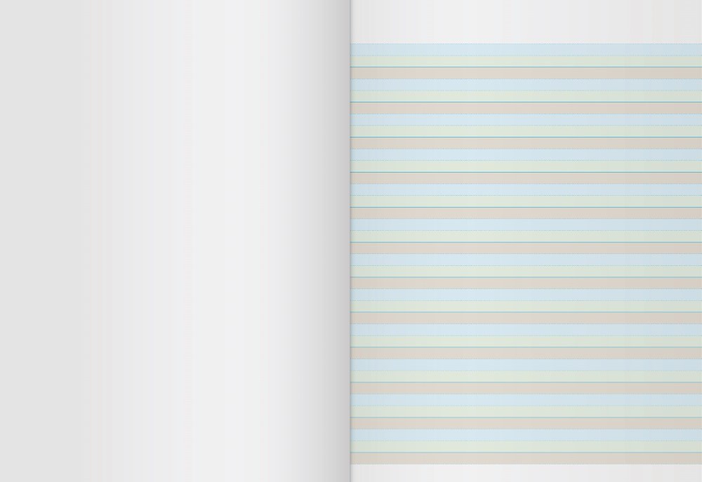 Open Writer Premium EB6623 project book with a blank left page facing a right page ruled in pale blue, green and brown bands