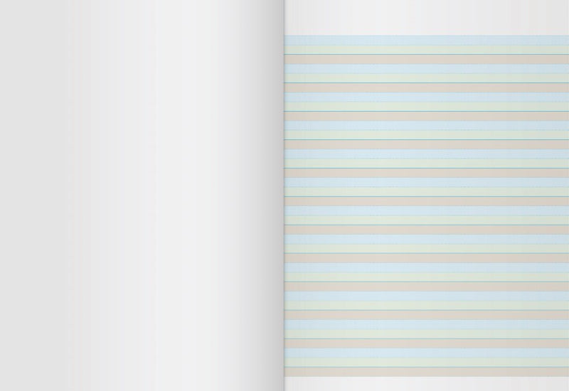 Open Writer Premium EB6623 project book with a blank left page facing a right page ruled in pale blue, green and brown bands