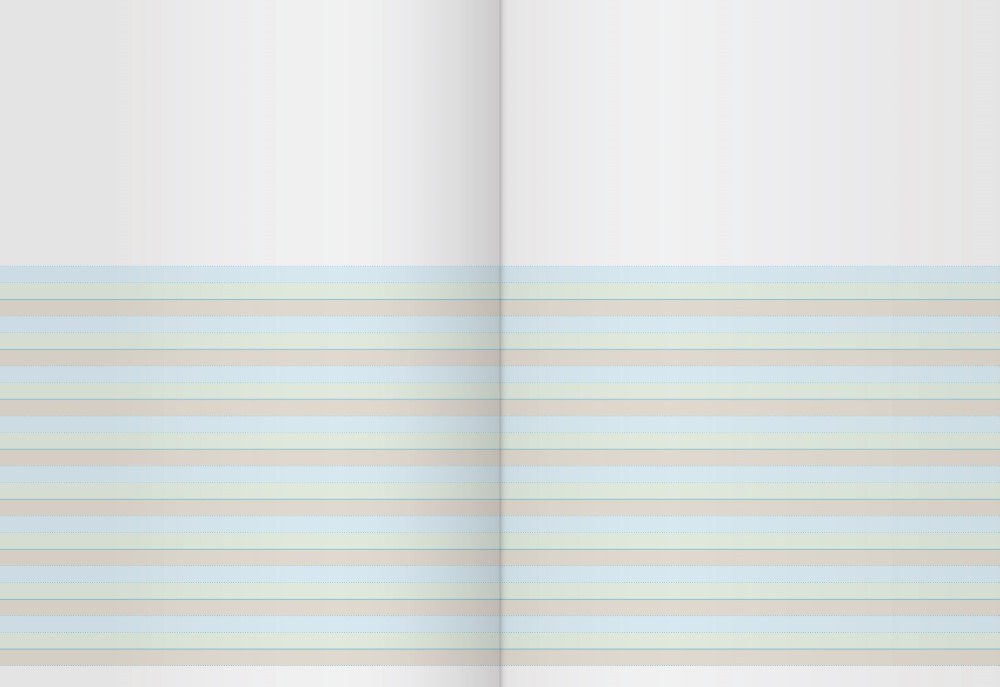 Open Writer Premium EB6621 story book showing a blank upper area on both pages above repeating pale blue, green and brown writing bands