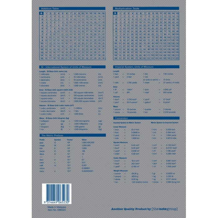 Grey back cover of Writer Premium EB6523 with addition and multiplication tables, unit conversions, barcode, Made in Malaysia and Item No. EB6523