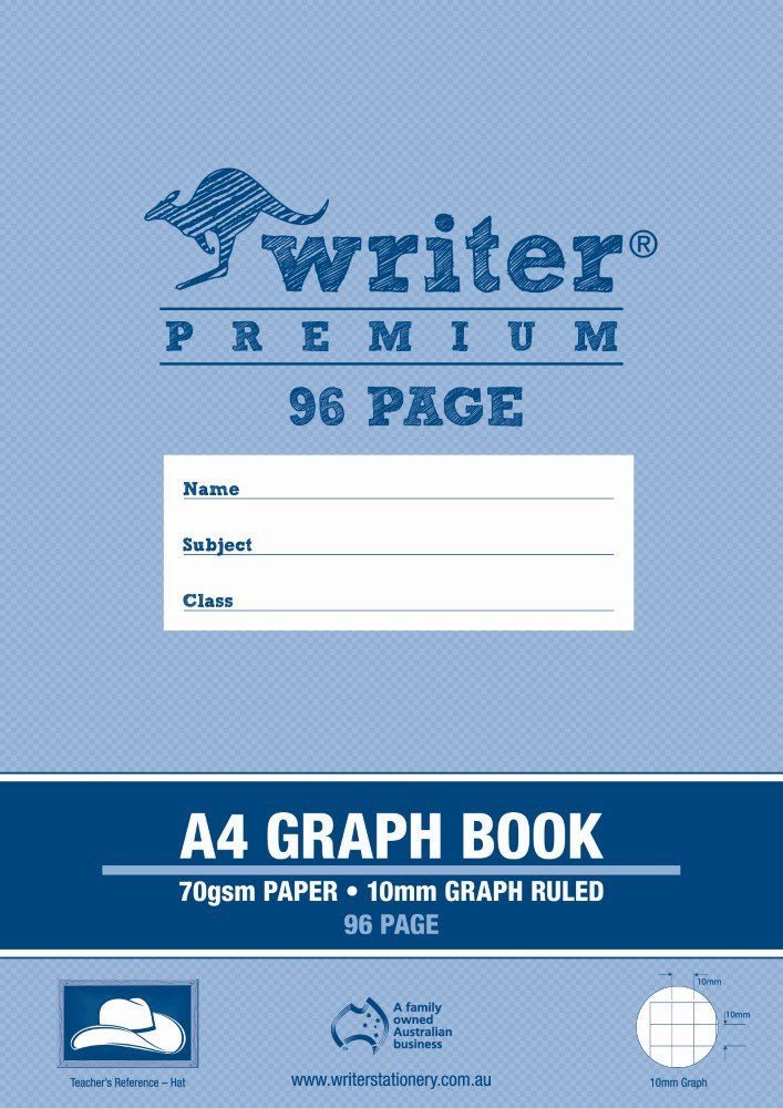 Current light blue Writer Premium A4 Graph Book cover reading 70gsm paper, 10mm graph ruled, 96 page, with a hat teacher's reference icon and a grid sample
