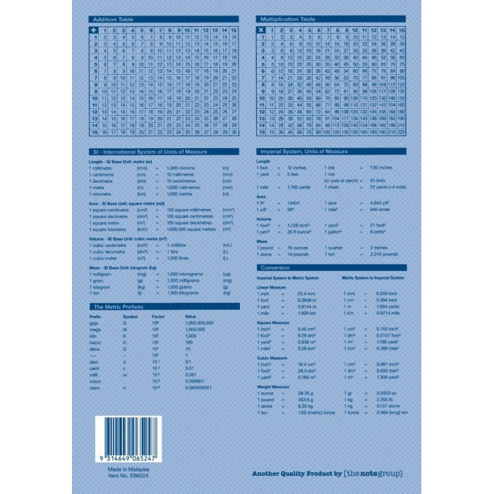 Light blue back cover of Writer Premium EB6524 with maths tables, conversion charts, barcode, Made in Malaysia and Item No. EB6524