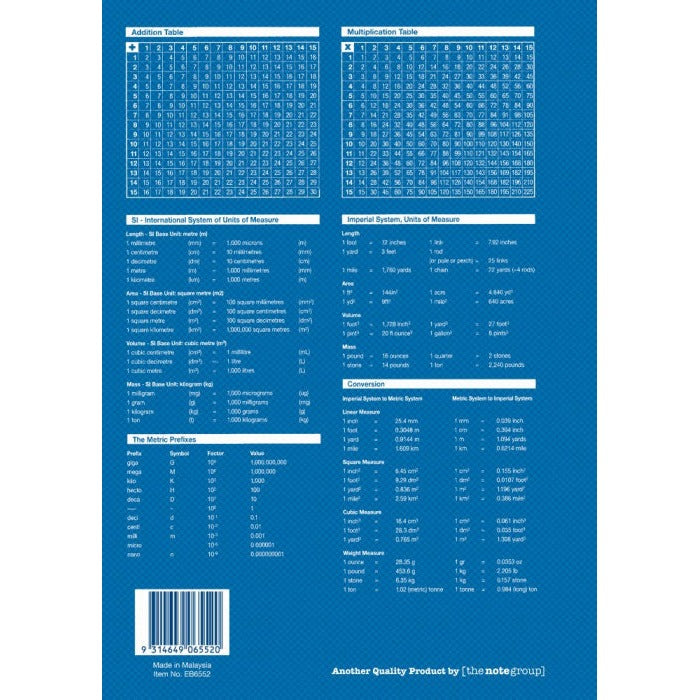 Back cover of Writer Premium EB6552 printed with addition and multiplication tables, unit charts, barcode and Made in Malaysia