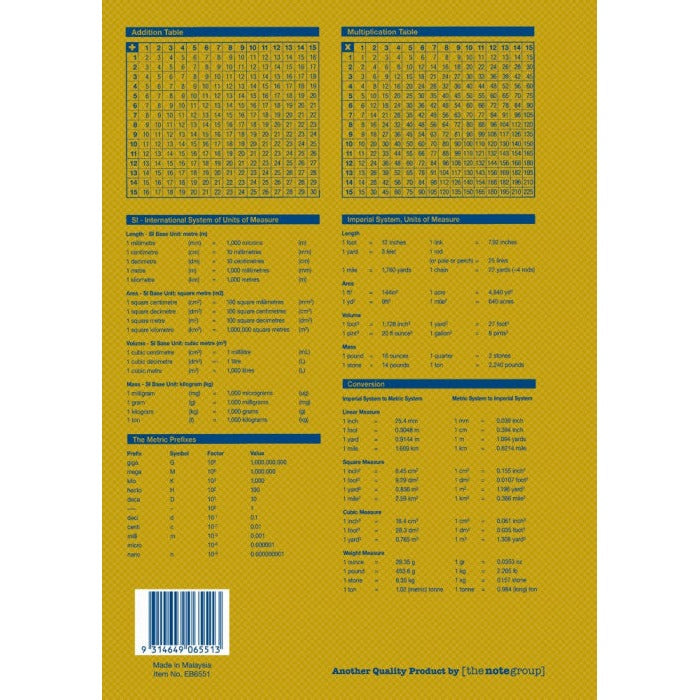 Gold back cover of Writer Premium EB6551 with addition and multiplication tables, unit conversion charts, barcode and Made in Malaysia