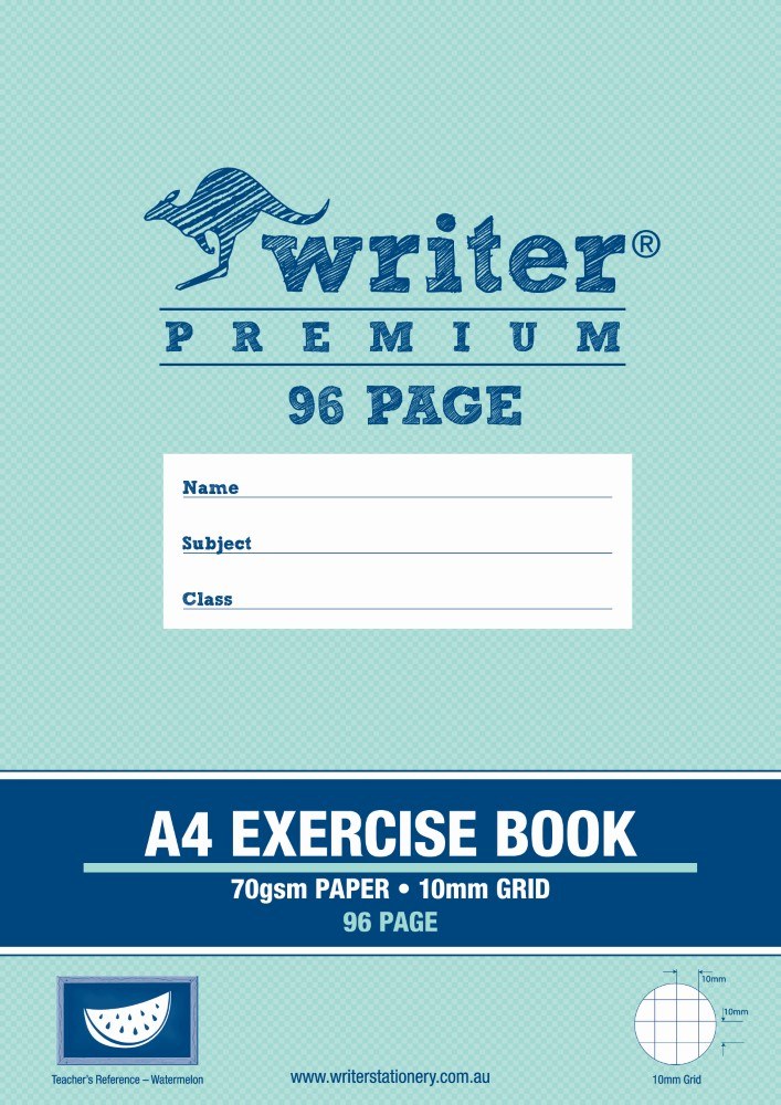 Mint green cover of Writer Premium EB6553 A4 exercise book reading 70gsm paper, 10mm grid, 96 page, with a watermelon Teacher's Reference icon